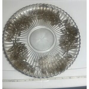 Vintage Silver Overlay Glass Floral Design Decorative‎ Dish 12 Inch #holidays